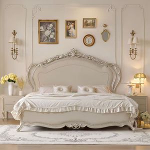 Solid Oak Wood King Size Bedroom <b>Bed</b> Set with European Design Leather Upholstery Adjustable <b>Bed</b> <b>Frame</b>-Durable Modern Furniture - Product Image 1