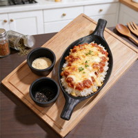 Ensemble de casseroles à frire profondes en fonte personnalisées en usine, ustensiles de cuisine, avec plateau en chêne