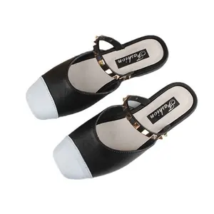 Toptan moda kare topuk slip-on sivri burun kadın kare sandal topuklu