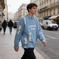 Pulls déchirés décontractés de haute qualité pour hommes, col rond, manches longues, bleu marine, automne, style Y2K, pour adultes
