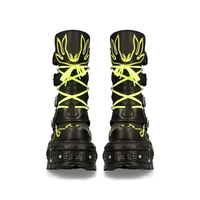 Bottes à plateforme gothiques punk, noires et jaunes, à motif flamme, talon de 8 cm, en cuir PU, chaussures unisexes, taille 35-45