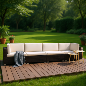 Patio Brown And Cream <b>Sofa</b> Set For Garden Relaxation Outdoor Furniture Contemporary <b>Rattan</b> 4 Seater - Product Image 2