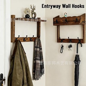 Wooden Wall Mounted <b>Shelf</b> Coat <b>Rack</b> With Hooks Key Organizer Entryway Storage Multipurpose Rectangle Shape - Product Image 3
