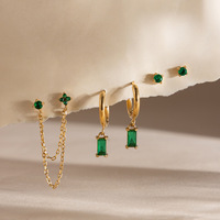 6 paires de boucles d'oreilles classiques en acier inoxydable plaqué or 18 carats avec pendentif feuille et zircon vert carré