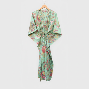 Robe kimono vintage verte à fleurs pour femme, col en V, manches mi-longues, longueur complète, respirante, idéale pour l'été - Product Image 1