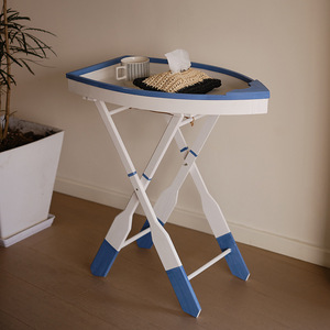 Mediterranean Style Solid Wood Boat Shaped <b>Folding</b> Coffee <b>Table</b> With Blue Trim Pine Material - Product Image 2