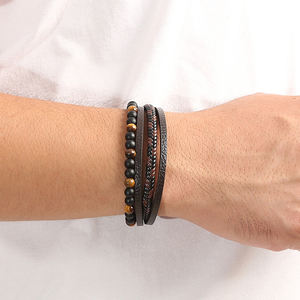 G1409 Vente en Gros Bracelets Perles en Pierres Naturelles Œil-<span class=keywords><strong>de</strong></span>-<span class=keywords><strong>Tigre</strong></span> <span class=keywords><strong>Lave</strong></span> Bijoux Fermoir Magnétique en Alliage <span class=keywords><strong>Bracelet</strong></span> en Cuir pour Hommes - Product Image 5