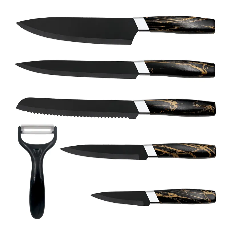 6 adet mutfak bıçak seti PP siyah altın çatlak desen kaplama kolu paslanmaz çelik mutfak bıçağı seti hediye kutusu ile