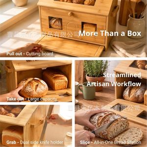 Caja de almacenamiento de pan de bambú con tapa abatible y divisiones para la organización de alimentos en la cocina - Product Image 4