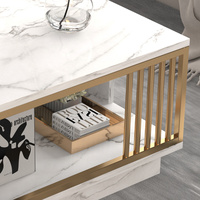 Table basse moderne de luxe en MDF avec étagère de rangement, élégante table centrale de salon avec cadre en métal doré, mobilier de maison