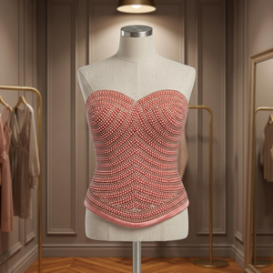 Blusa Rosa Rubor con Paneles y Adornos de Perlas y Cristales Delanteros y Traseros, de Poliéster y Seda Tejida, Escote Corazón, Elástica, Talla XL, Holgada, de Moda para Mujer - Product Image 2