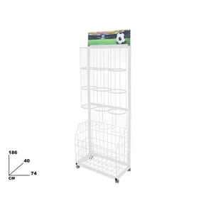 Ball Display <b>Rack</b> 186cm White Metal <b>Wire</b> <b>Shelf</b> With Wheels For Sports Equipment Storage - Product Image 1