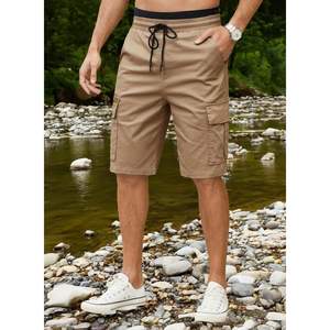 2025 Pantalones deportivos informales para hombre, pantalones cortos Cargo de pana, cómodos hasta la rodilla, poliéster, algodón, logotipo corto, teñido liso - Product Image 1