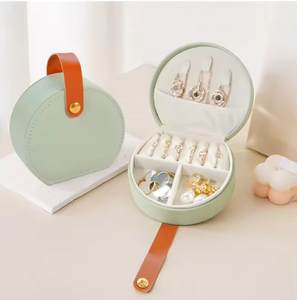 Fashion Mini Travel Jewelry Organizer <b>Box</b> PU Leather Portable Half Round Storage Case With Handle - Product Image 2
