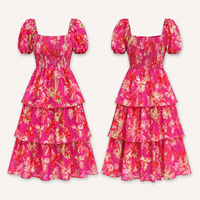 Robe Longue Femme Fleurie Smockée Manches Bouffantes Volants Été Vacances Bohème OEM ODM Marque Privée Grossiste Fabricant Usine