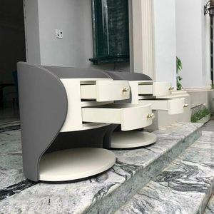 Table de chevet ronde moderne de style mid-century, en bois blanc et gris, avec 2 tiroirs, pour chambre à coucher, appartement, hôtel - Product Image 1