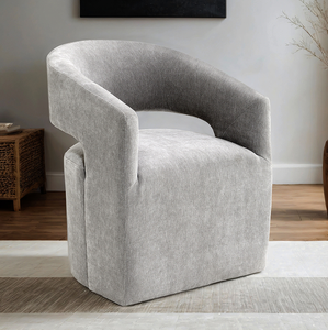 Fauteuil capitonné gris clair 1 pièce avec base sur pieds et roulettes, assise ronde en tissu texturé, mobilier de chambre moderne et écologique - Product Image 1