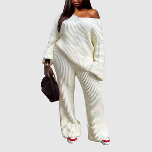 Conjunto de Dos Piezas de Pantalones y Top de Punto de Color Sólido con Cuello en V, Holgado, para Mujer, Disponible en Stock - Product Image 2