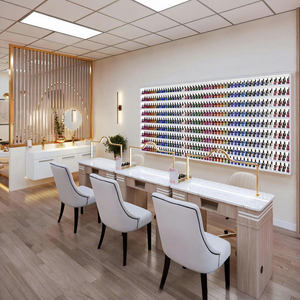 Diseño Moderno y Lujoso para Salón de Uñas: Pared de Exhibición de Esmaltes y Mesas de Manicura con Detalles en Dorado - Renovación Completa en un Solo Lugar - Product Image 1