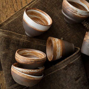 Tasse à thé Kung Fu en céramique grès rétro, style poterie artisanale cuite au bois, ensemble tasse à café et soucoupe en porcelaine faite à la main, tasse à eau - Product Image 1