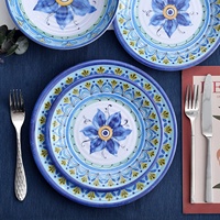 Bestwares – Ensemble de vaisselle en mélamine sans BPA, motif fleur bleue, 12 pièces (assiettes et bols) pour 4 personnes, idéal pour le camping, passe au lave-vaisselle