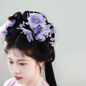 2025 Nuevo Diseño Original Hecho a Mano, Tocado Hanfu de Seda Morada con Flores, Estilo Antiguo, Exquisito y Versátil, Adorno para el Cabello Termoconformado - Product Image 2
