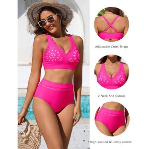 Conjunto de Bikini de 2 Piezas para Mujer, Cintura Alta, Cuello en V, Recortes, Push-Up, Secado Rápido, Spandex/Poliéster - Product Image 4