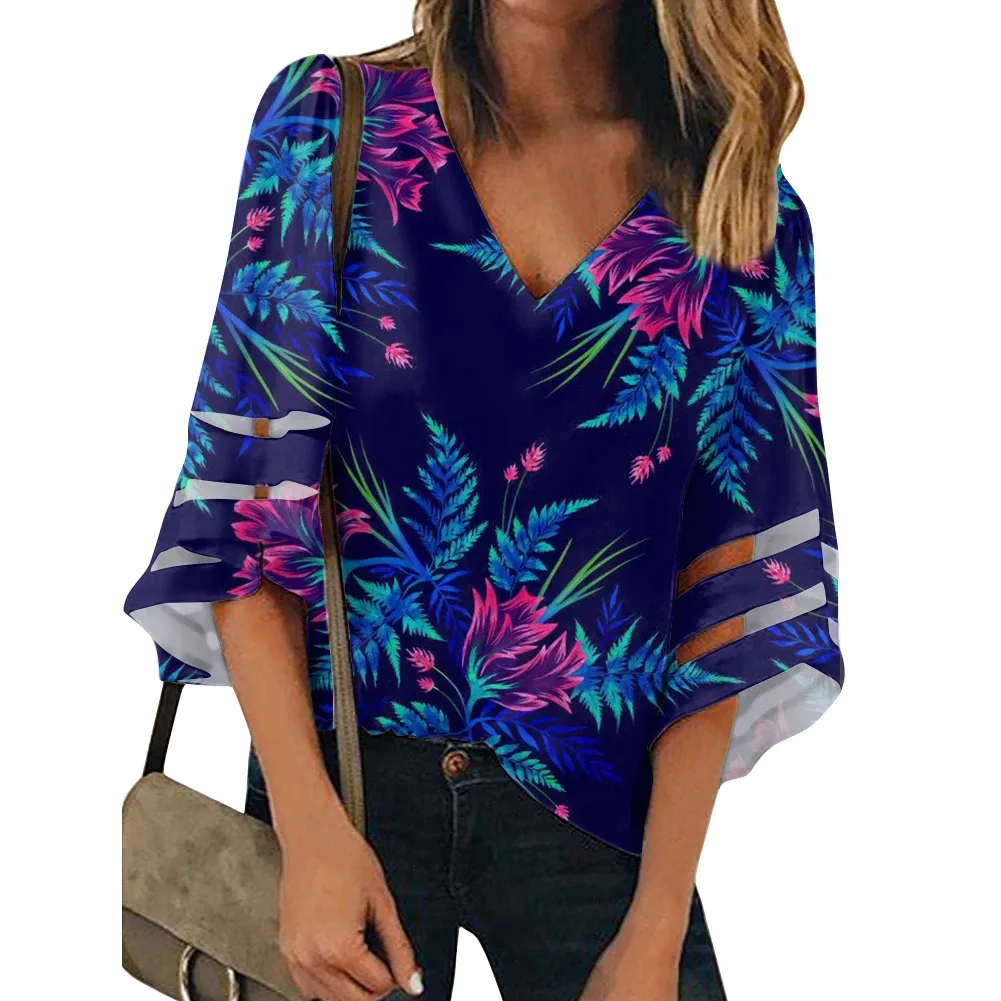 Women Chiffon V-neck Tops Tropical Jungle Palm Leaf Pattern Slim Trendy Short sleeved T-shirt Girls Daily Sexy Quick Dry Tops