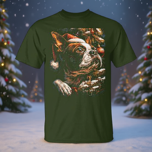 Camiseta navideña para perro Boston Terrier con gorro de Papá Noel, festiva, de invierno, para clima nevado - Product Image 3