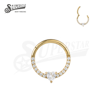 SUPERSTAR Anneau de piercing articulé en Titane ASTM F136 avec cœur central rond en Zircon Cubique serti à griffes, pour septum, nez, daith et oreille
