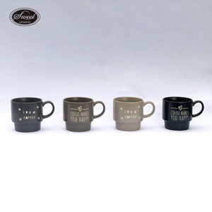 مجموعة أكواب قهوة سيراميك بتصميم بسيط من SWT - أكواب شاي مطبوعة قابلة للتكديس مع حامل معدني للمنزل والمقاهي - Product Image 3