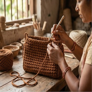 Vintage Style Brown Braided Handmade Luxury Ethnic Stylish Button Crochet Single Strap Purse <b>Boho</b> Shoulder <b>Bag</b> Cotton Cord - Product Image 4