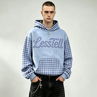 LTD-H1175 Sweat à capuche Gingham bleu poudré à empiècements à carreaux, coupe décontractée, poche kangourou, motif graphique lettré, vêtements sous marque privée