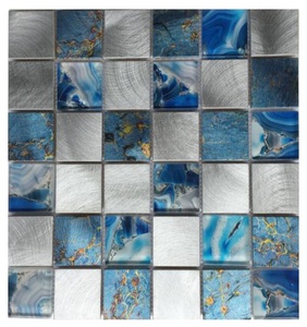 Série <span class=keywords><strong>AL</strong></span>-AGSQR, mosaïque de verre carrée moderne de luxe, multicolores, épaisseur 8 mm, 300x300 mm, mur intérieur, cuisine, aluminium, métal - Product Image 2