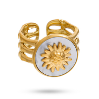 Bague ouverte à trois couches en acier inoxydable plaqué or de style français XY 701, avec coquille ronde en pierre naturelle, bijoux