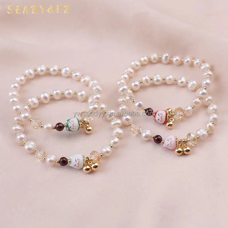 New Fashion Jewelry Natural Freshwater Pearl Bracelet Ceramic Lucky Cat Good Friend Friendship Couples Bracelets