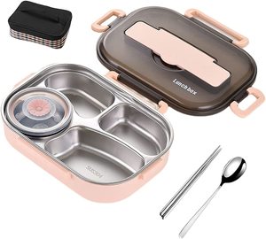 Sealed Leakproof High Capacity Lunch Box 3 4 Compartment Design Stainless Steel Bento Box With Cutlery