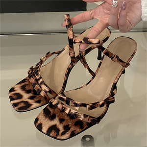 Nouvelles Sandales à Talons Aiguilles Imprimé Léopard pour Femmes, Bout Ouvert Carré, en Maille, 5-8cm, Collection 2025, Meilleures Ventes - Product Image 1