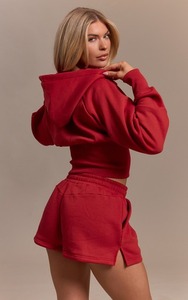 Cropped Zip Up Cinched Waist Women Long Sleeve Unbrushed Hoodies With Matching Shorts Sustainable 2 Pieces Tracksuit - Product Image 3