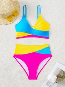Traje de Baño Bikini de Dos Piezas de Color Sólido Personalizado, Traje de Baño Sexy de Cintura Alta para Mujer - Product Image 2