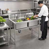 Évier en acier inoxydable de haute résistance 201, double bac, moderne, finition argent brossé, pieds ronds, pour cuisine de restaurant