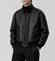 Blouson d'hiver pour homme en cuir véritable noir tressé, col montant, fermeture éclair intégrale, manches longues, poignets côtelés