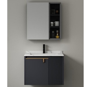 Mueble de baño de cerámica gris con espejo y gabinete, estilo moderno de lujo ligero para hotel - Product Image 1