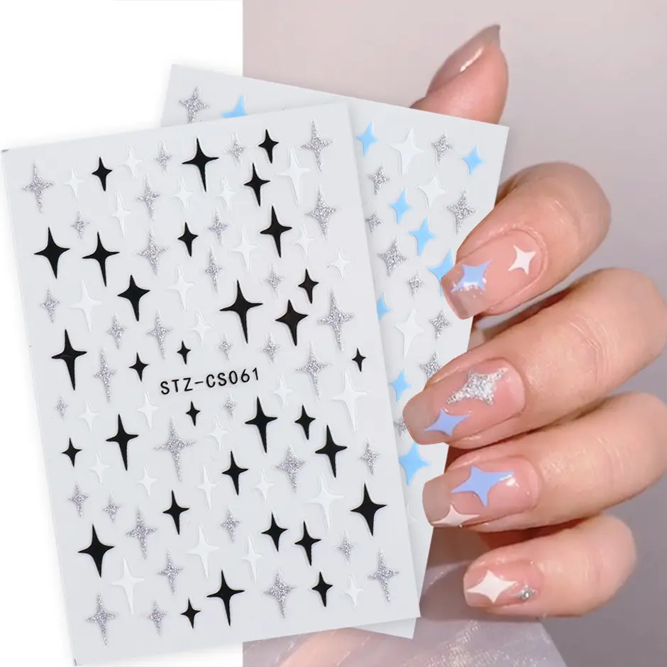Shiny Glitter Silver Star 3D Nail Polish Stickers Wraps Black White Designs Decals Decorations Foil Sliders Nails Art Manicure