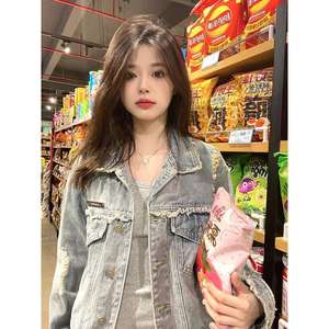 2025 Otoño Invierno mujer Retro desgastado rasgado chaqueta de mezclilla de moda suelta versátil Tops abrigo de estilo americano - Product Image 3