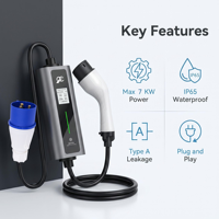 Chargeur EV portable certifié CE et approuvé SAA, 7 kW, 32 A, type 2, chargeur EV rapide portable 7 kW