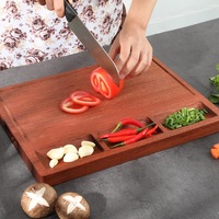 Planche à découper en bois d'ébène de qualité supérieure avec 3 compartiments séparés et rainure pour les jus, planche à découper professionnelle robuste pour la préparation des repas