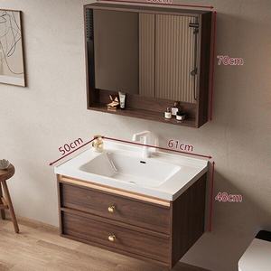 Mueble de baño moderno de estilo chino con estructura de madera de nogal, lavabo integrado sin juntas y espejo inteligente. - Product Image 5