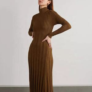Maglieria mufacturers Brown Rib Knit dolcevita Maxi Dress Winter pieghettato dress maglione Dress women - Product Image 2