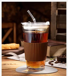 Mug de voyage réutilisable isotherme noir de 16 oz, verre à boire ambré pour café froid avec couvercle et paille en verre - Product Image 3